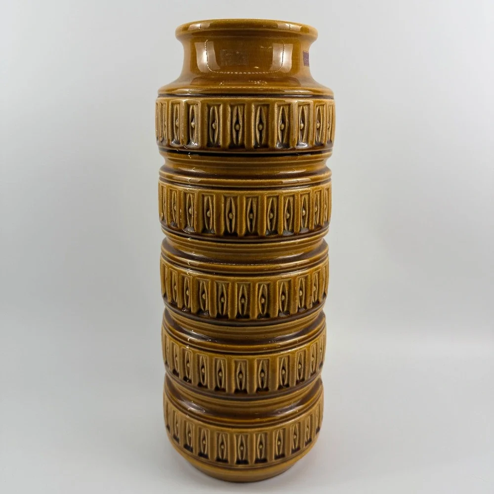 Vtg West Germany Scheurich Pottery Mustard Gold Totem Cylinder Floor Vase 16